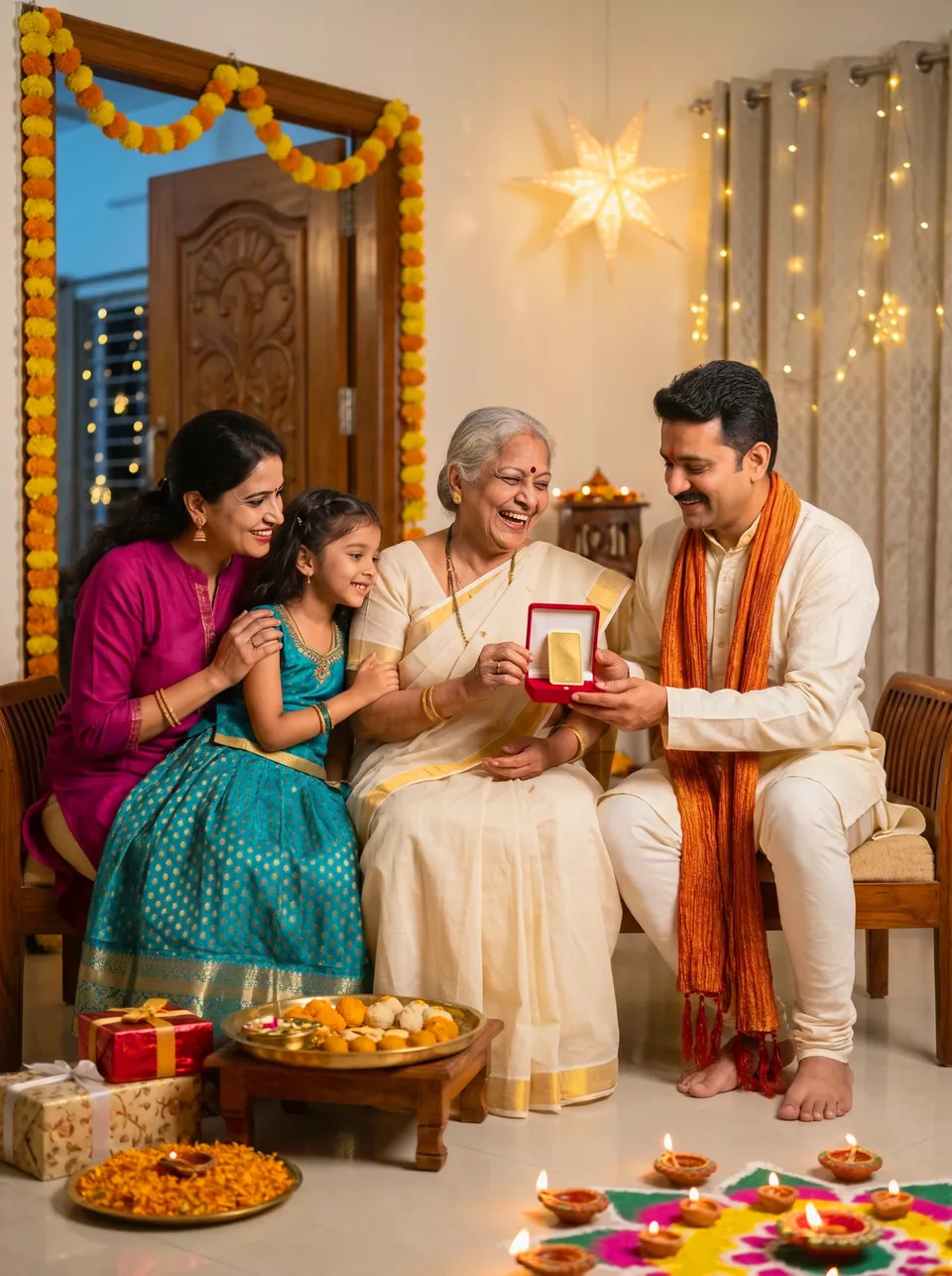 Three generations of a family laugh together as the grandmother holds a gift box with a gold bar, surrounded by diyas, marigolds and a rangoli.